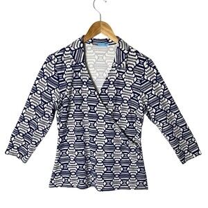 J. McLaughlin Faux Wrap Top L Navy Blue & White Catalina Cloth Geometric Pattern